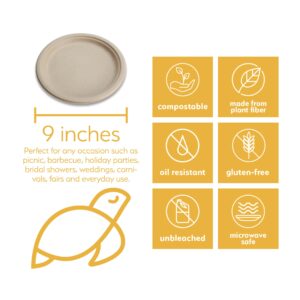 100% Compostable Disposable Paper Plates Bulk [9" 50 Pack], Bamboo Plates, Eco Friendly, Biodegradable, Sturdy Large Dinner Party Plates, Heavy-Duty, Unbleached by Earth's Natural Alternative