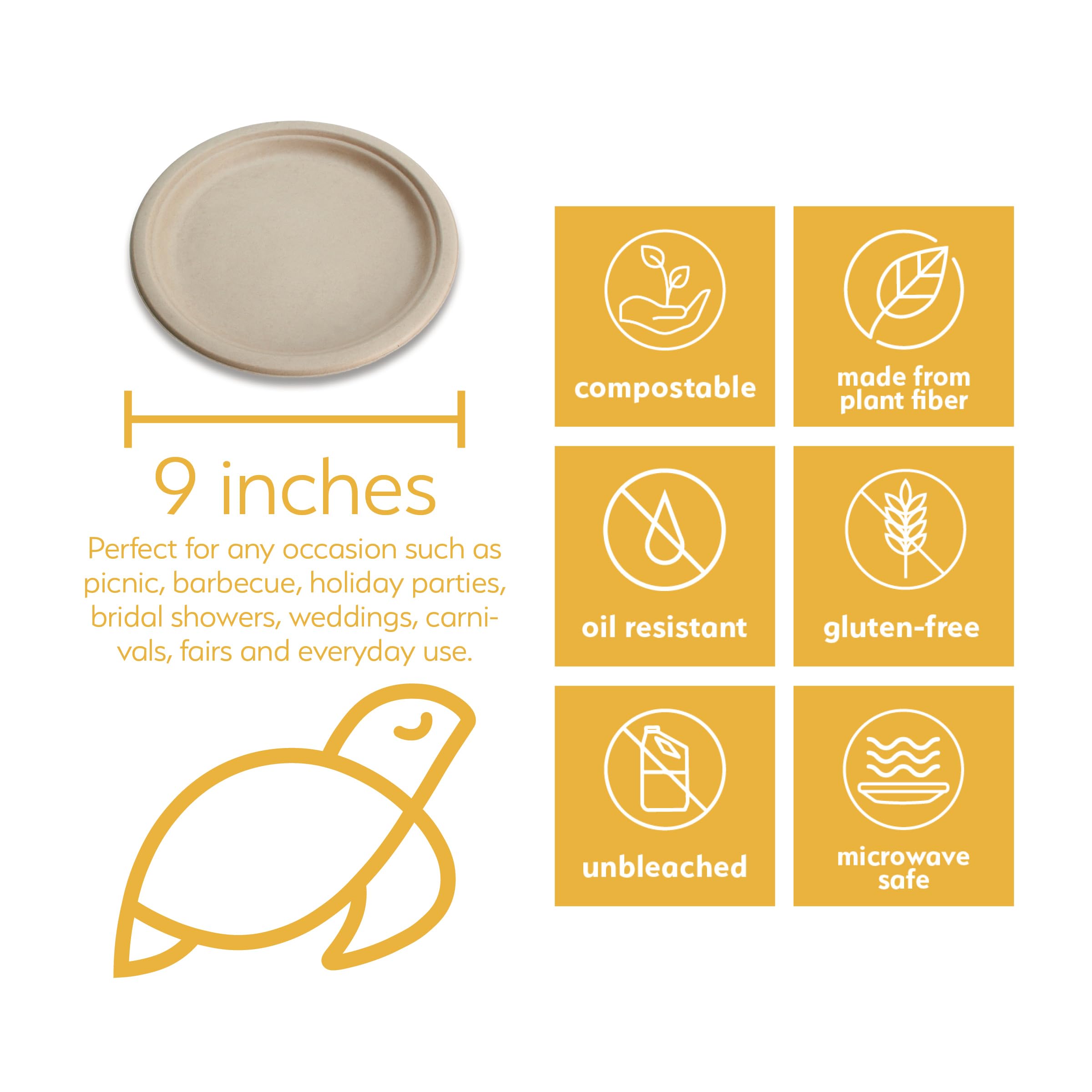 100% Compostable Disposable Paper Plates Bulk [9" 50 Pack], Bamboo Plates, Eco Friendly, Biodegradable, Sturdy Large Dinner Party Plates, Heavy-Duty, Unbleached by Earth's Natural Alternative