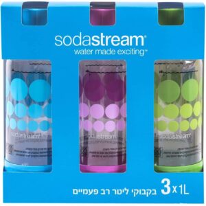 original sodastream three pack 1 liter carbonating bottles for home - lasts 2 years - purple, blue, and green