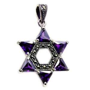 "jewish star of david" sterling silver purple cz, marcasite pendant