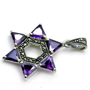 "Jewish Star of David" Sterling Silver Purple CZ, Marcasite Pendant