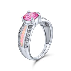 Bling Jewelry Personalize Unique Pink AAA CZ Round Brilliant Cut Solitaire Engagement Ring For Women .925 Sterling Silver Created Opal Inlay Wide Band Customizable