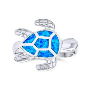 Personalized Large Nautical Tropical Beach Vacation Iridescent Blue Created Opal Inlay Sea Tortoise Turtle Ring For Women Teen .925 Sterling Silver