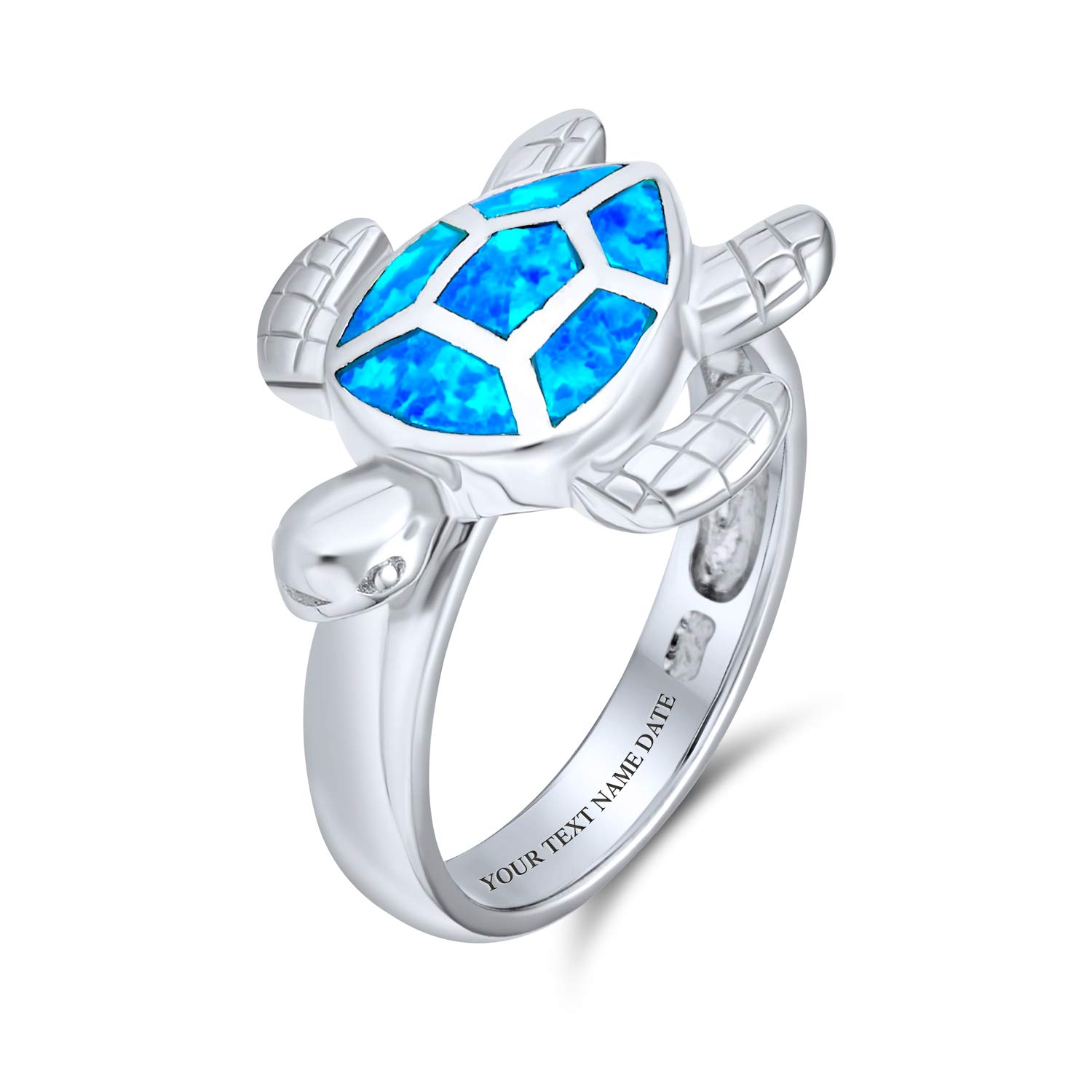 Personalized Large Nautical Tropical Beach Vacation Iridescent Blue Created Opal Inlay Sea Tortoise Turtle Ring For Women Teen .925 Sterling Silver