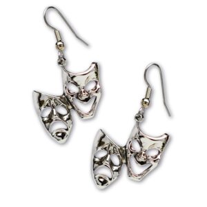 Comedy Tragedy Masks for Drama Theater and Actors Silver Finish Pewter Dangle Earrings