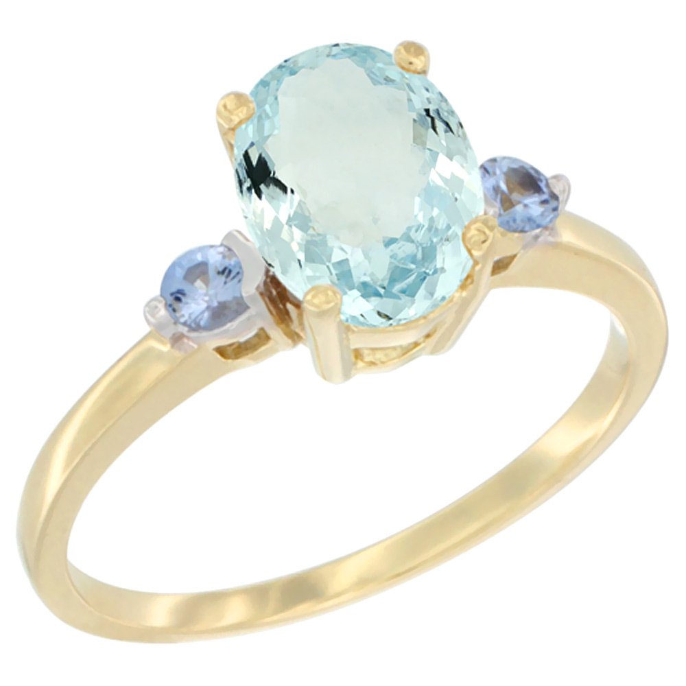 14K Yellow Gold Natural Aquamarine Ring Oval 9x7 mm Light Blue Sapphire Accent, size 5