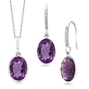 Gem Stone King 925 Sterling Silver Purple Amethyst Pendant and Earrings Jewelry Set For Women (15.00 Cttw, Gemstone Birthstone, Oval 10X14MM, with 18 Inch Silver Chain)