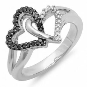 Dazzlingrock Collection 0.25 Carat (Cttw) Round Black Diamond & White Diamond Split Shank Entwined Double Heart Promise Ring for Women in 925 Sterling Silver Size 7