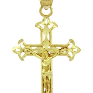 14K Yellow Gold 1-1/4" Fleur De Lis Openwork Crucifix Charm Pendant Religious Jewelry