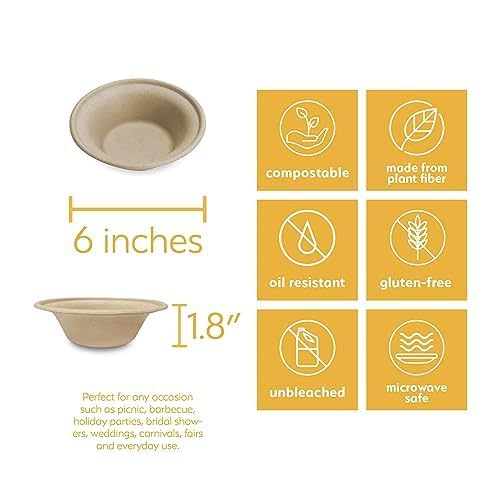 100% Compostable Paper Bowls (11.5oz, Pack of 50) Soup Bowls, Pasta Bowls, Cereal, Salad, Ice Cream, Disposable Bamboo Small Bowls, Biodegradable, Unbleached by Earth's Natural Alternative