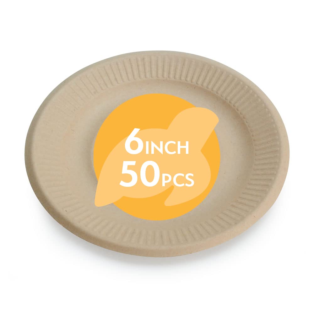 100% Compostable Disposable Paper Plates Bulk [6" 50 Pack], Bamboo Plates, Eco Friendly, Biodegradable, Sturdy Small Dessert Party Plates, Heavy-Duty, Unbleached by Earth's Natural Alternative