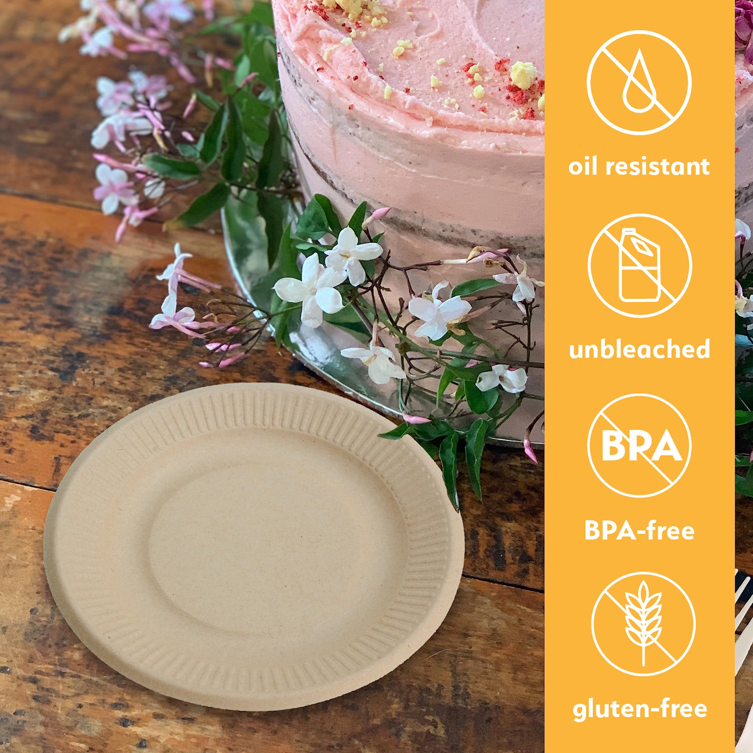 100% Compostable Disposable Paper Plates Bulk [6" 50 Pack], Bamboo Plates, Eco Friendly, Biodegradable, Sturdy Small Dessert Party Plates, Heavy-Duty, Unbleached by Earth's Natural Alternative