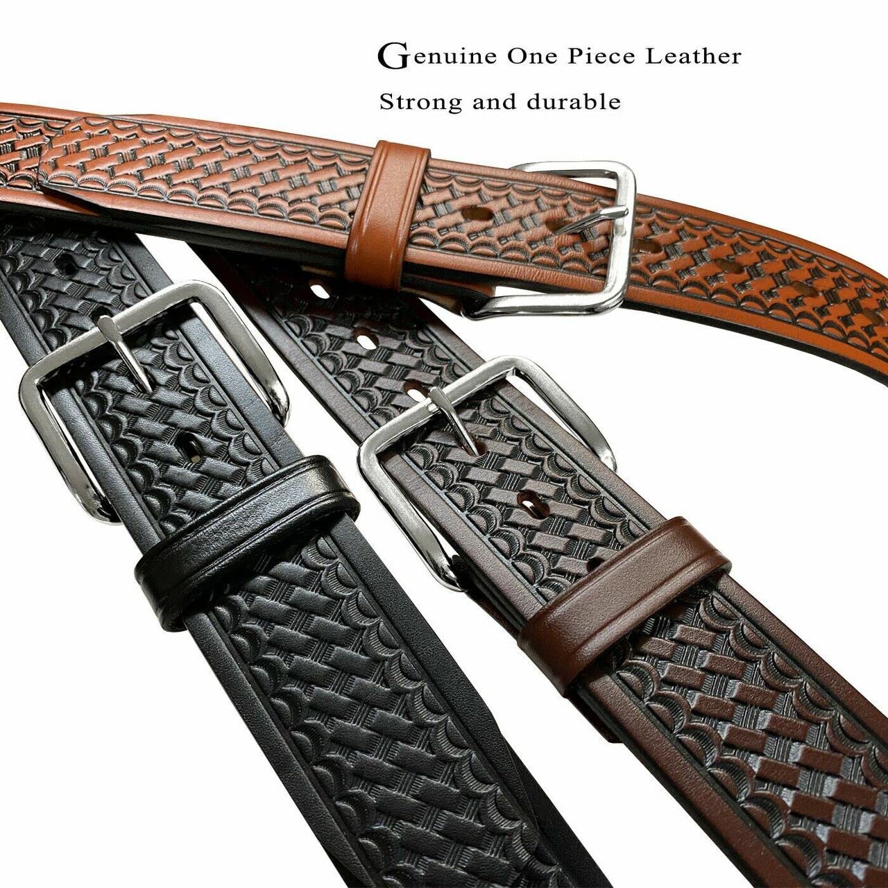 Utility Uniform Work Belt w/Simple Single Prong Buckle One Piece Full Grain Leather Basketweave Embossed Belt 1-3/4"(45mm) Wide (Black, 40)