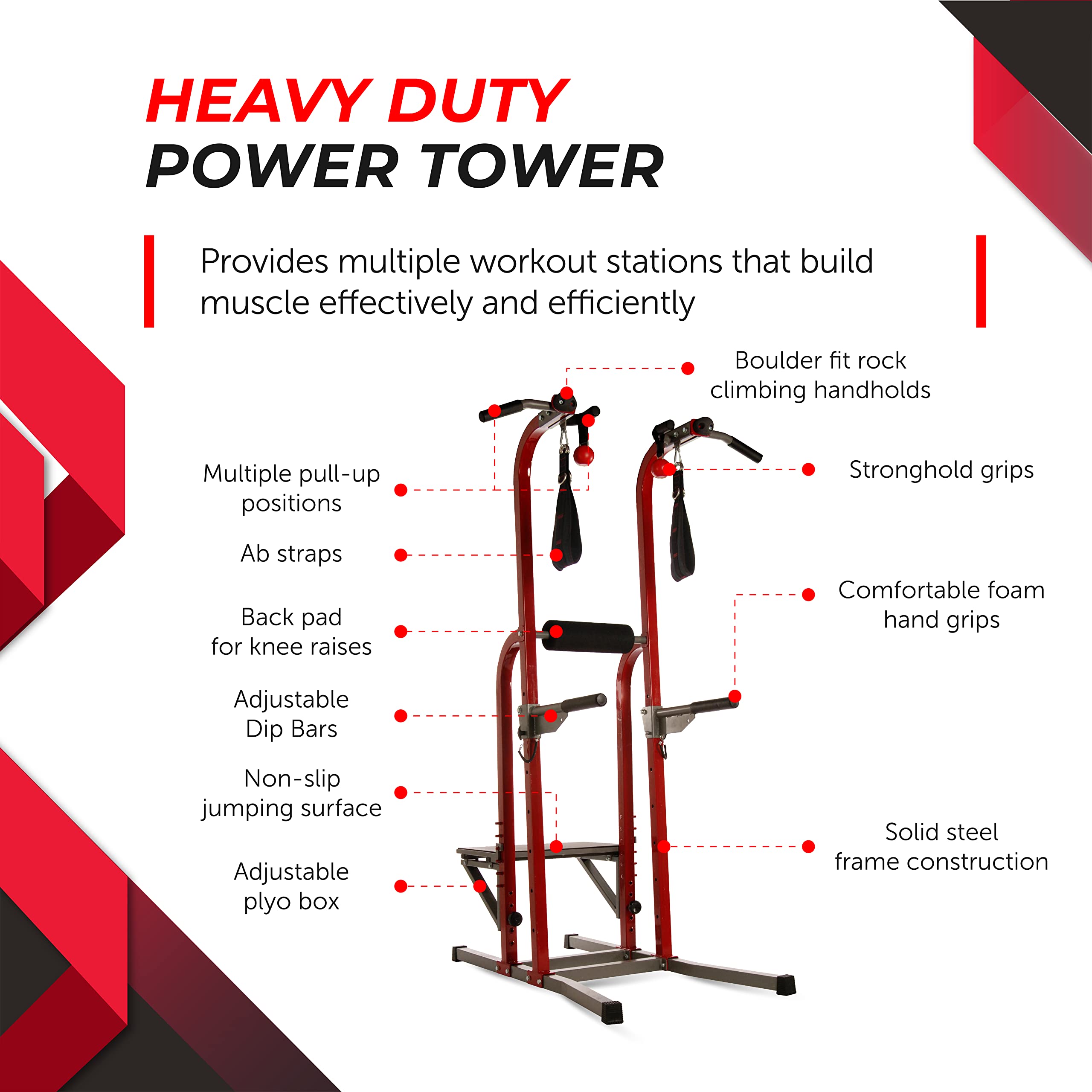 Stamina X Fortress Power Tower with Plyo Box - Dip Bar Pull Up Bar Station with Smart Workout App - Dip Bars for Home Workout - Up to 250 lbs Weight Capacity - Red