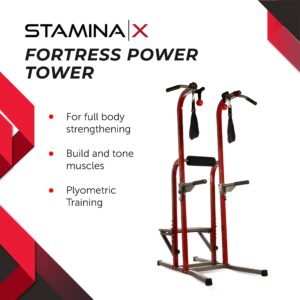 Stamina X Fortress Power Tower with Plyo Box - Dip Bar Pull Up Bar Station with Smart Workout App - Dip Bars for Home Workout - Up to 250 lbs Weight Capacity - Red