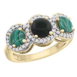 14K Yellow Gold Natural Black Onyx & Malachite Sides Round 3-stone Ring Diamond Accents, size 8.5