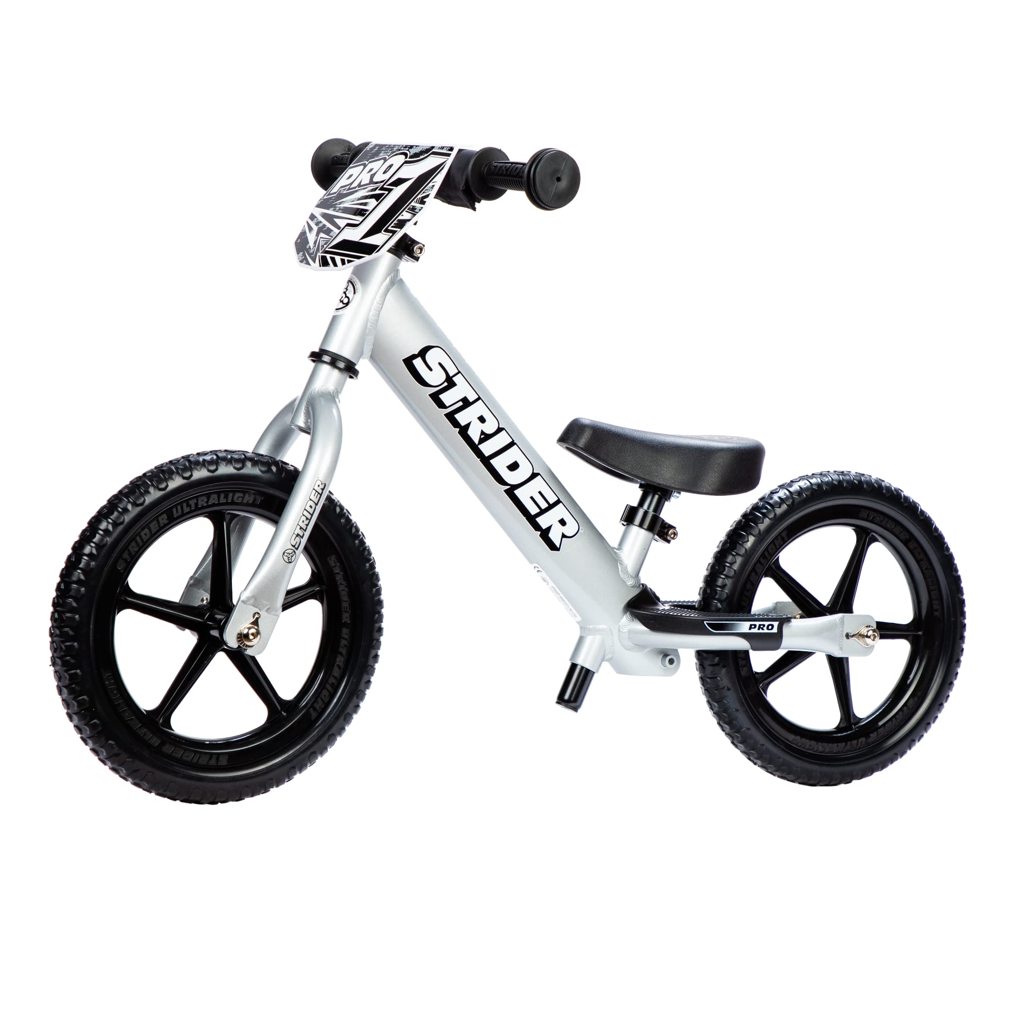 Strider 12” Pro Bike, Silver - No Pedal Balance Bicycle for Kids 18 Months to 5 Years - includes Safety Pad, Padded Seat, Mini Grips, Flat-Free Tires & Number Plate - Tool Free