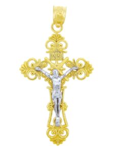 10k two-tone gold filigree-style trefoil cross charm inri crucifix pendant