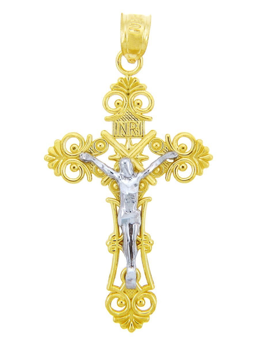 10k Two-Tone Gold Filigree-Style Trefoil Cross Charm INRI Crucifix Pendant