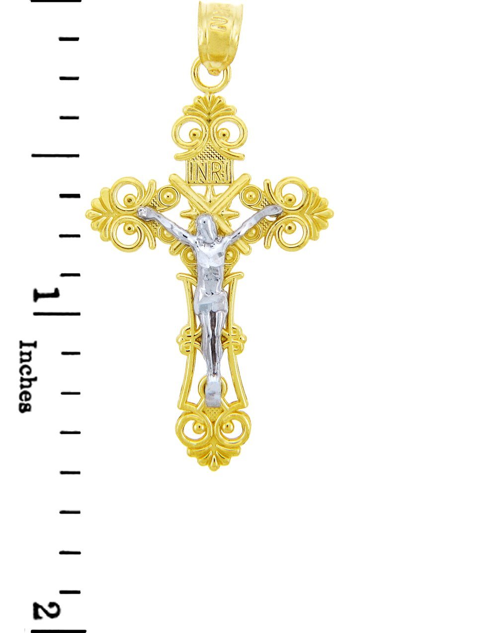 10k Two-Tone Gold Filigree-Style Trefoil Cross Charm INRI Crucifix Pendant