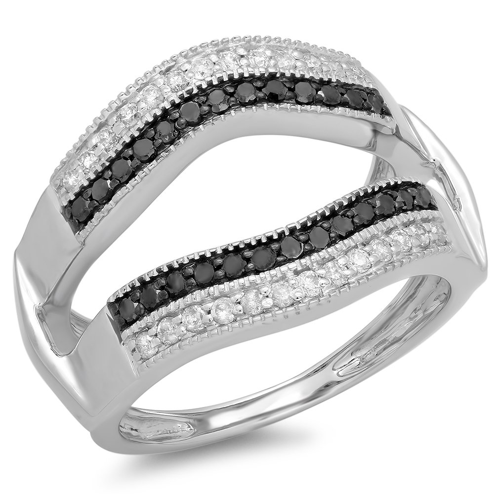 Dazzlingrock Collection 0.55 Carat (Cttw) 10K Round Black & White Diamond Women Double Row Anniversary Millgrain Guard Double Ring 1/2 CT, White Gold, Size 5