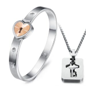 Starryinter His and Hers Korean Style Stainless Steel Hold the Key to My Heart Forever Bangle Bracelet and Pendant Necklace-BR398