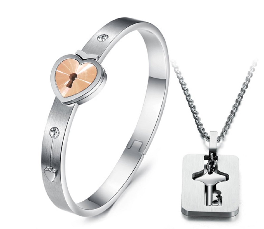 Starryinter His and Hers Korean Style Stainless Steel Hold the Key to My Heart Forever Bangle Bracelet and Pendant Necklace-BR398