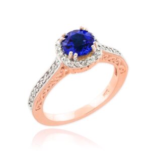 14k rose gold diamond halo september birthstone band blue sapphire engagement ring (1.24 cttw, si1-si2 clarity, g-h color)