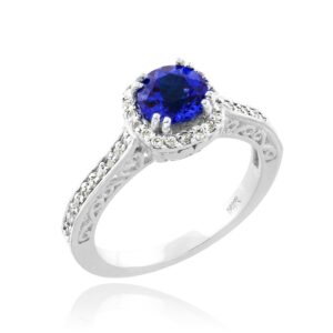 14k White Gold Diamond Halo September Birthstone Band Blue Sapphire Engagement Ring (1.24 cttw, SI1-SI2 Clarity, G-H Color)