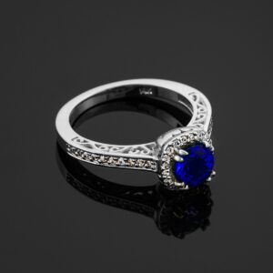 14k White Gold Diamond Halo September Birthstone Band Blue Sapphire Engagement Ring (1.24 cttw, SI1-SI2 Clarity, G-H Color)