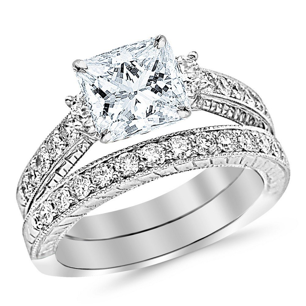 Houston Diamond District - White Gold Classic Channel Set Wedding Set Bridal Band & Diamond Engagement Ring with a 0.5 Carat GIA Certified Princess Cut E Color VS1 Clarity Center Stone | 11 7.5 3