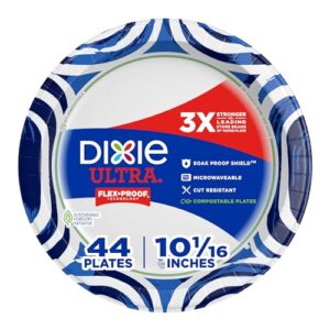 dixie ultra, large paper plates, 10 inch, 44 count, 3x stronger*, heavy duty, microwave-safe, soak-proof, cut resistant, disposable plates for heavy, messy meals