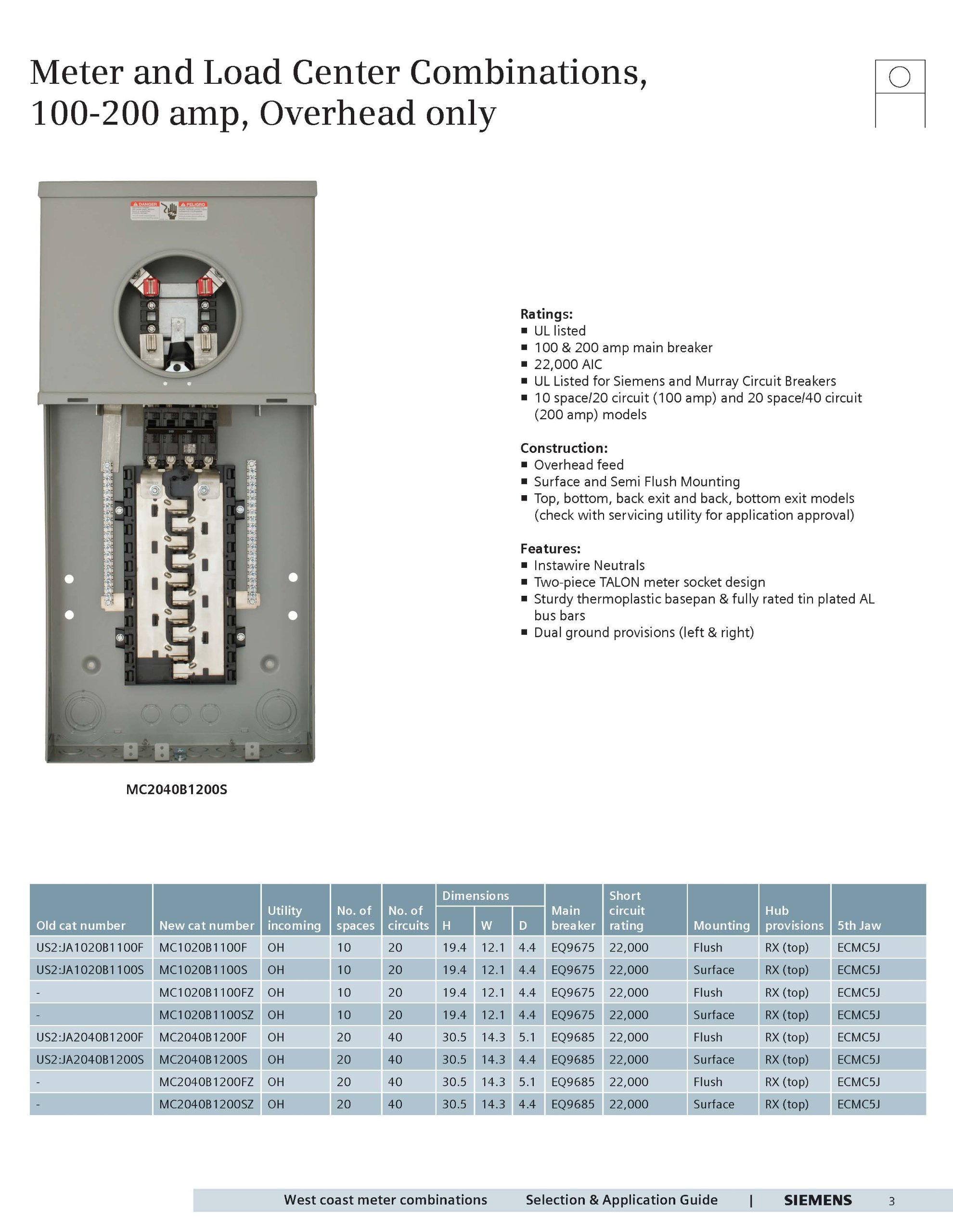 Siemens MC2040B1200S 200 Amp 20 Space 40 Circuit Overhead Surface Mount Meter Load Center Combination with Ring Type Cover