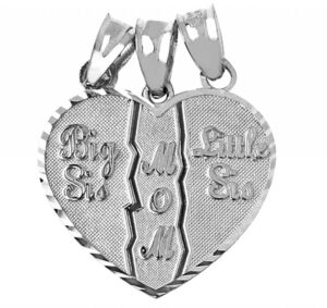 .925 sterling silver textured mother and daughters breakable heart pendant charm - unbroken one piece