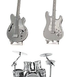 Metal Earth 3D Laser Cut Steel Models - Drum Set, Base Guitar AND Lead Electric Guitar = SET OF 3