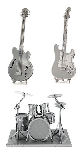 Metal Earth 3D Laser Cut Steel Models - Drum Set, Base Guitar AND Lead Electric Guitar = SET OF 3