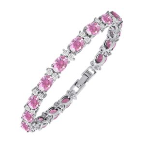 kezef tennis bracelets for women - cubic zirconia - oval 7x5mm pink gemstones - round 2.50mm white cz - silver plated brass - 7 inch - hypoallergenic bracelets