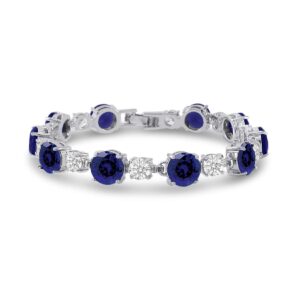 KEZEF Silver Plated Brass CZ Tennis Bracelet - Round 8mm Simulated Blue Sapphire & Round 5mm White CZ-7 Inch