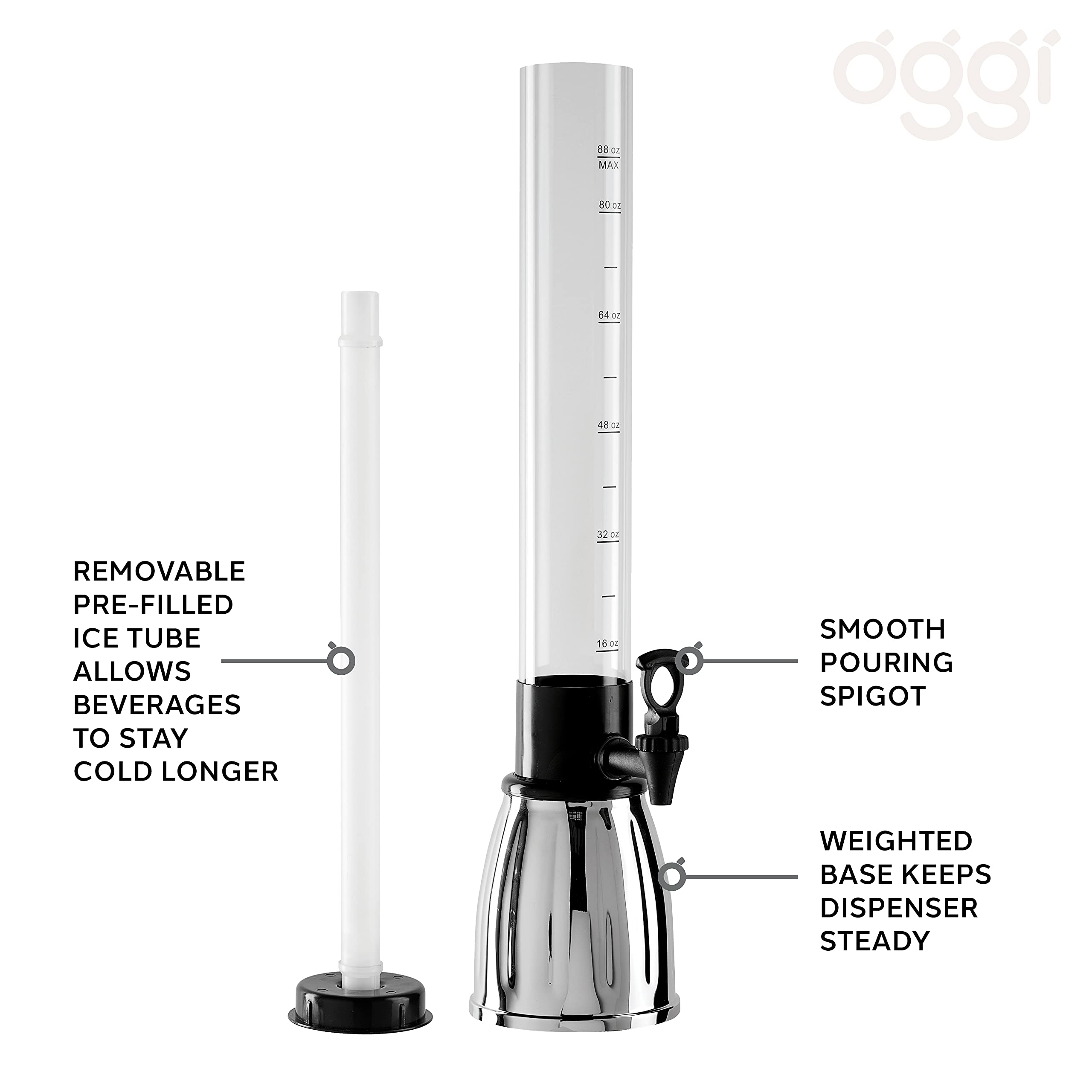 OGGI Beer Tower 3L/100oz - Beverage Dispenser with Spigot & Ice Tube, Margarita Tower, Mimosa Tower, Perfect Drink Dispensers for Parties, Drink Tower, Holds 6 Pints of Beer – Stainless