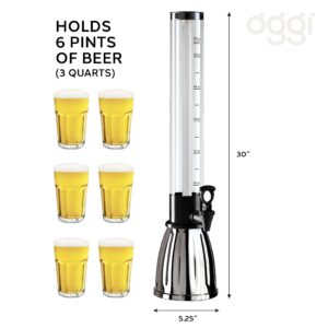 OGGI Beer Tower 3L/100oz - Beverage Dispenser with Spigot & Ice Tube, Margarita Tower, Mimosa Tower, Perfect Drink Dispensers for Parties, Drink Tower, Holds 6 Pints of Beer – Stainless