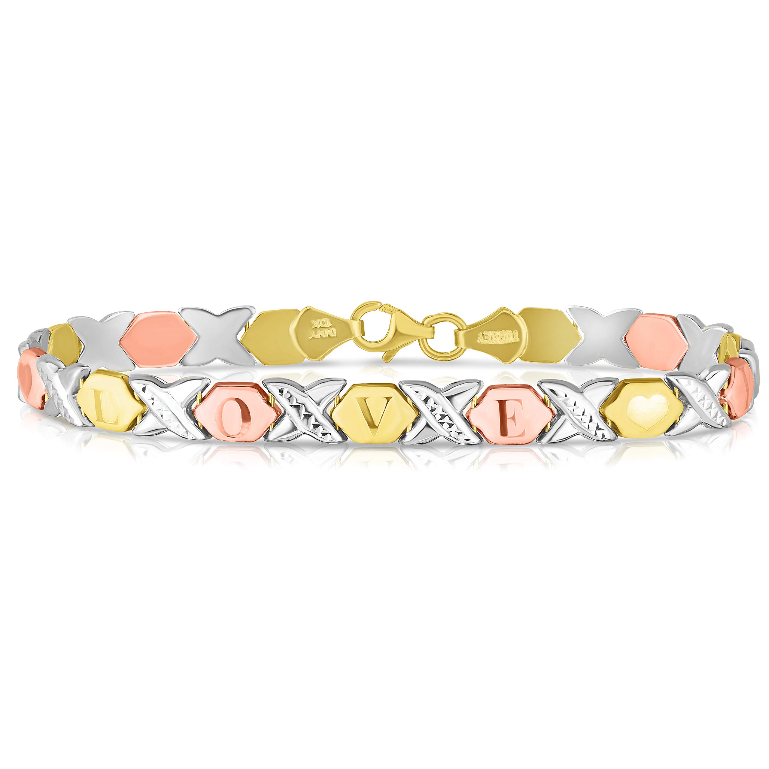 Floreo 10k Fine Tri Colore Yellow White and Rose (Pink) Gold Stampato Xoxo X & O "I Love You" Heart Chain Bracelet, 7 Inch