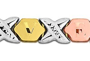 Floreo 10k Fine Tri Colore Yellow White and Rose (Pink) Gold Stampato Xoxo X & O "I Love You" Heart Chain Bracelet, 7 Inch