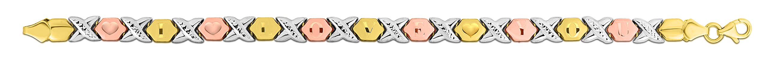 Floreo 10k Fine Tri Colore Yellow White and Rose (Pink) Gold Stampato Xoxo X & O "I Love You" Heart Chain Bracelet, 7 Inch