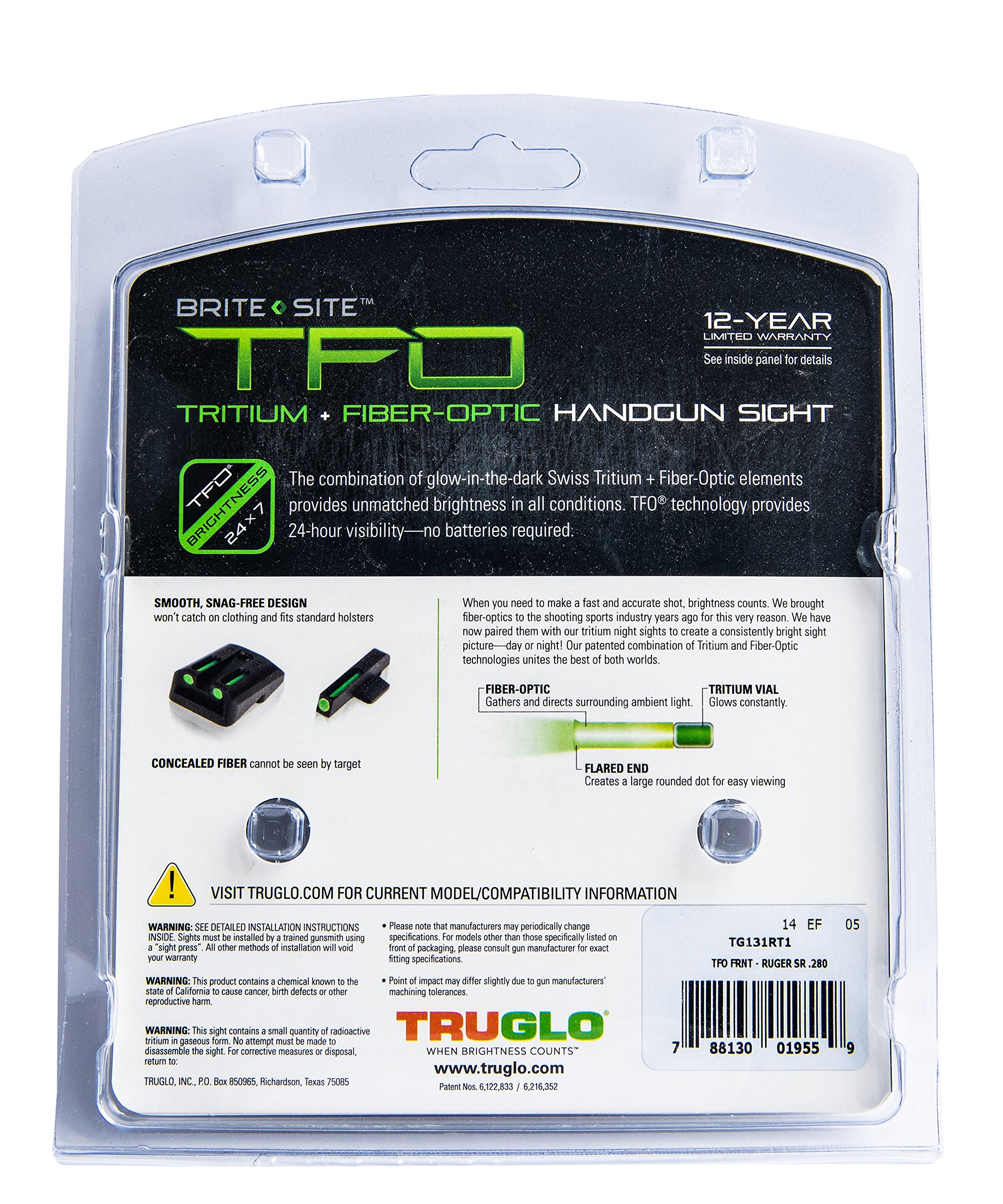 TRUGLO TFO Tritium & Fiber-Optic Handgun Sight | Durable Snag-Resistant Green Front Night Sight, Compatible with Ruger SR9/SR9C, SR40/SR40C, SR45