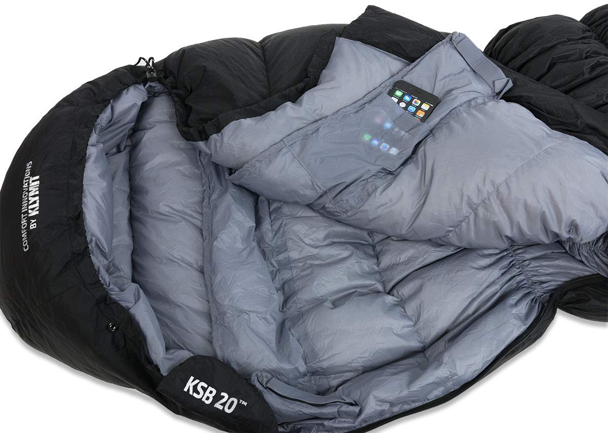 Klymit KSB Lightweight Mummy Sleeping Bag, 20°F Cold Weather Sleeping Bag for Camping, Hiking, and Backpacking, Black, Large