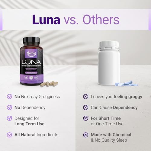 Luna Sleep Aid | Non-Habit Forming Natural Sleep Aid with Valerian Root, Melatonin, Chamomile, Lemon Balm, and More | Sleeping Pills for Adults with Naturally Sourced Ingredients - 60 Vegan Capsules