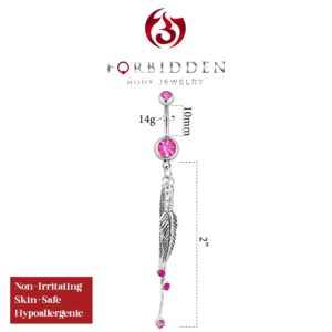 Surgical Steel Pink Jeweled Feather and CZ Chains Dangle Belly Button Ring