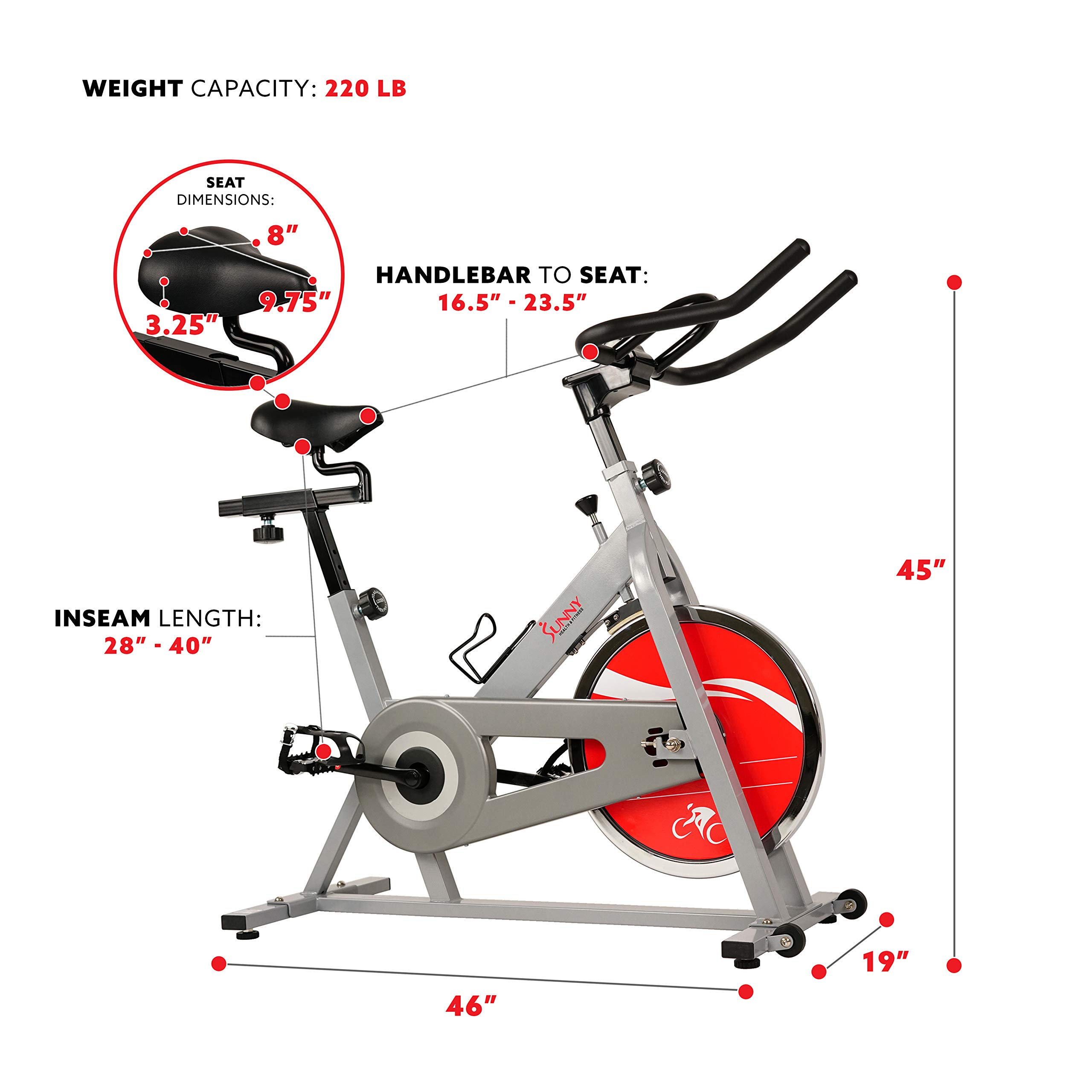 Sunny Health & Fitness Spin Bike Indoor Cycling Exercise Spinning Bike, silver (SF-B1001S)