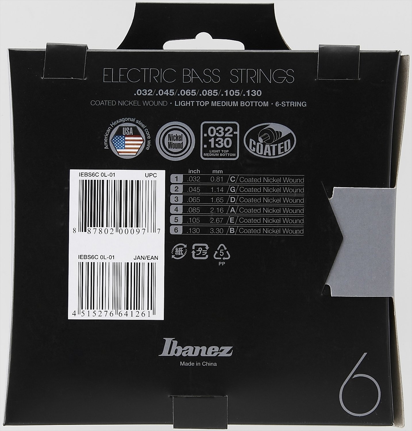 Ibanez, 6 Nickel Bass Guitar Strings-Light Top Medium Bottom, Silver, (IEBS6C)