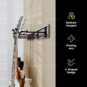 String Swing Guitar Wall Rack, Multiple Guitar Wall Mount, Guitar Organizer for Acoustic & Electric Guitars, 5 Padded Arm Hangers & Silver Slatwall Rail, Wall Mount Guitar Rack - MADE IN USA